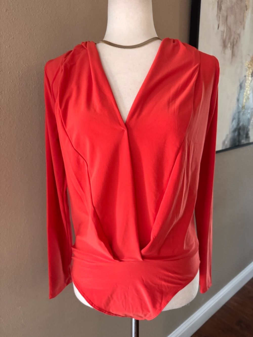 V-Neck Long Sleeve Wrap Bodysuit in Coral Red - Picture 8 of 12
